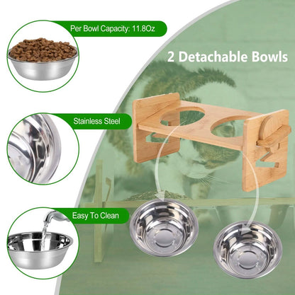 5°Tilt Bamboo Double Elevated Dog Bowls with 4 Adjustable Heights