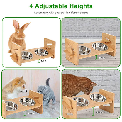 5°Tilt Bamboo Double Elevated Dog Bowls with 4 Adjustable Heights