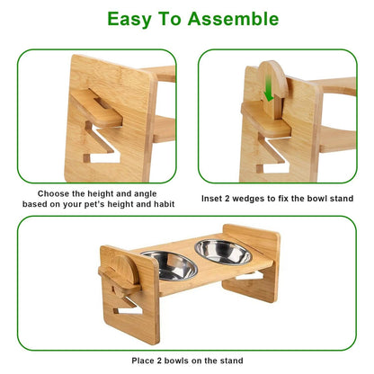 5°Tilt Bamboo Double Elevated Dog Bowls with 4 Adjustable Heights
