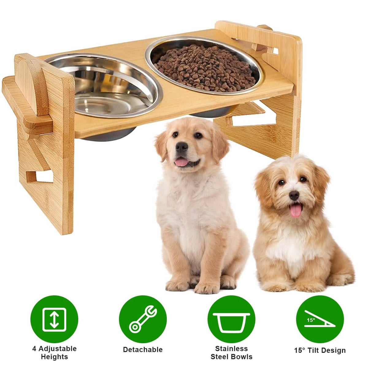 5°Tilt Bamboo Double Elevated Dog Bowls with 4 Adjustable Heights