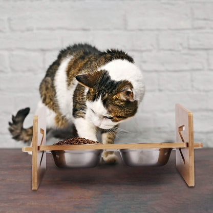 5°Tilt Bamboo Double Elevated Dog Bowls with 4 Adjustable Heights
