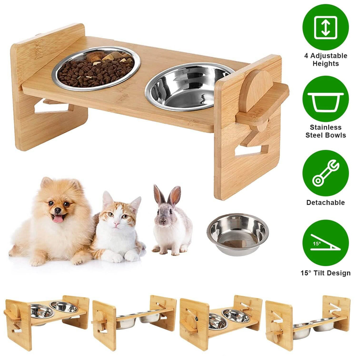 5°Tilt Bamboo Double Elevated Dog Bowls with 4 Adjustable Heights