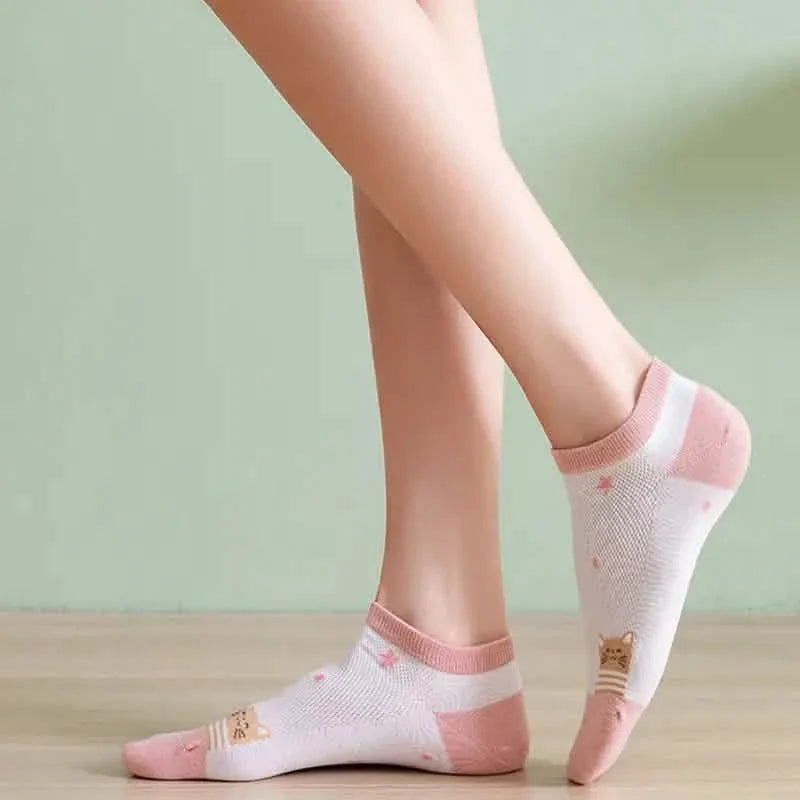 5-Pairs: Pink Kitty Crew Socks