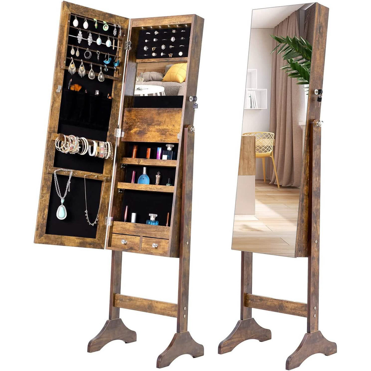 6 LEDs Mirror Jewelry Cabinet Armoire with Wheels