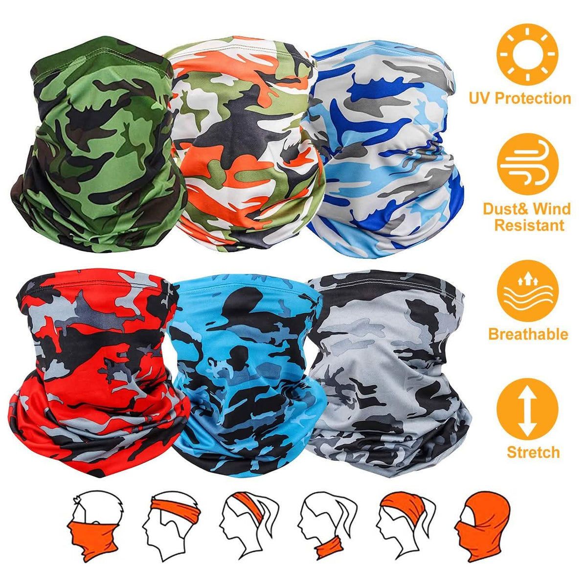 6-Pieces: Summer Neck Gaiter UV Sunscreen Protection Face Mask Scarf