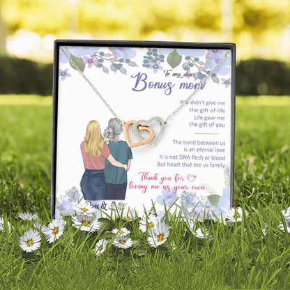 Personalized Message Card Interlocking Heart Necklace Jewelry - Best Gift For Mother's Day - To My Bonus Mom