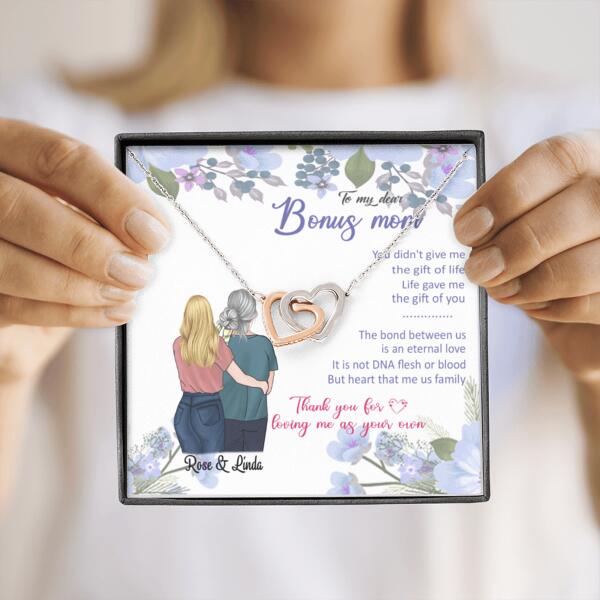 Personalized Message Card Interlocking Heart Necklace Jewelry - Best Gift For Mother's Day - To My Bonus Mom