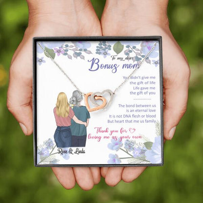 Personalized Message Card Interlocking Heart Necklace Jewelry - Best Gift For Mother's Day - To My Bonus Mom