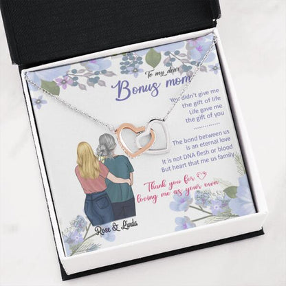 Personalized Message Card Interlocking Heart Necklace Jewelry - Best Gift For Mother's Day - To My Bonus Mom