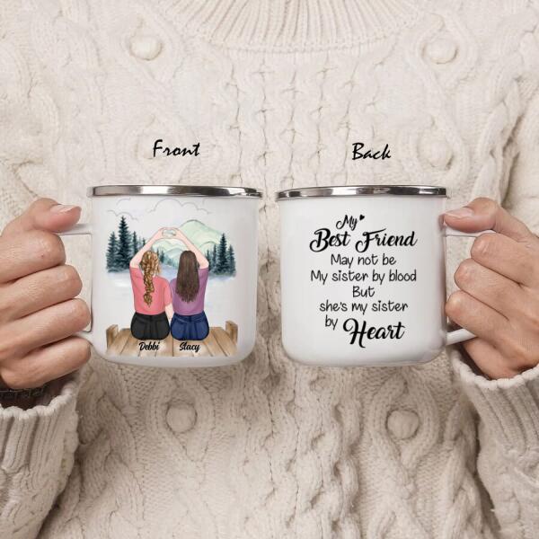 Personalized Friend Enamel Mug - 2 Besties - Gift Idea For Besties - She's My Sister By Heart