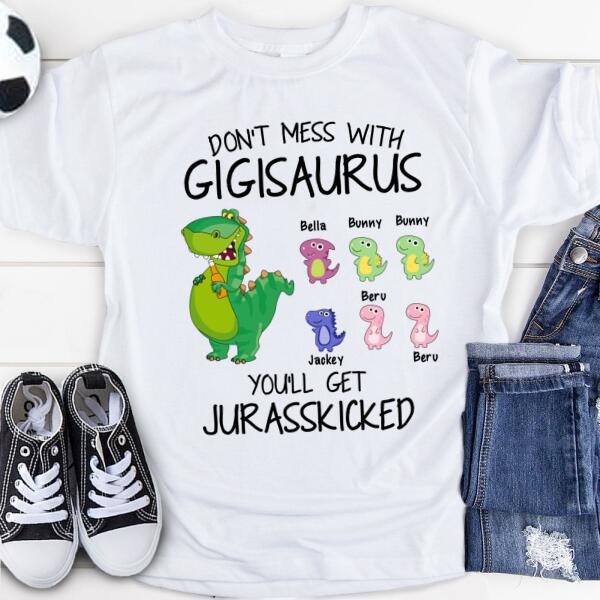 Personalized Grandpa/Grandma Dinosaurs Kid T-Shirt - Gift For Grandparents/Grandkids with up to 6 Grandkids Dinosaurs - It's not a Grandpa bod - 5WKPPY