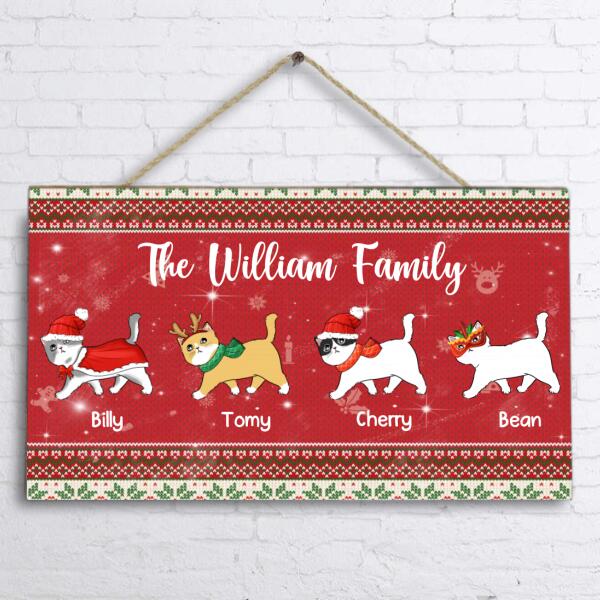 Personalized Christmas Cat Rectangle Door Sign - Best Gift For Cat Lovers - Family Name