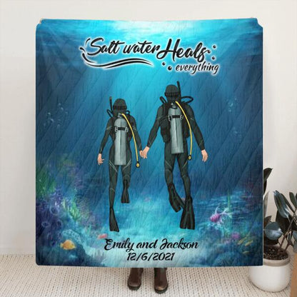 Personalized Couple Diving Quilt/Fleece Blanket - Best Gift For Couple - Salt Water Heals Everything