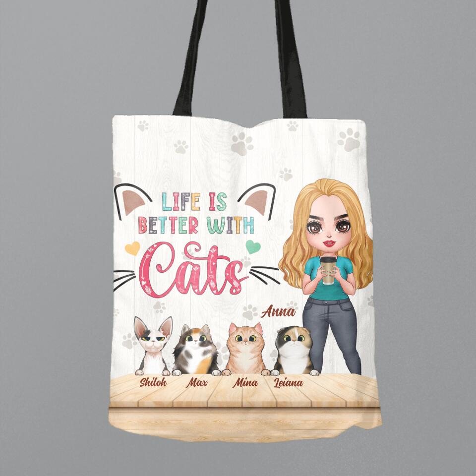 Personalized Cat Mom Chibi Canvas Bag - Gift Idea For Mother's Day/Cat Lovers With Up to 6 Cats -Life Is Better With Cats