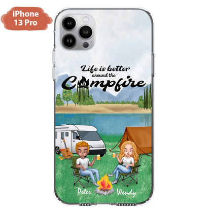 Personalized Camping Chibi Phone Case - Couple With Up to 2 Dogs - Gift Idea For Dog/Camping Lover - Life Is Better Around The Campfire - Case For iPhone And Samsung