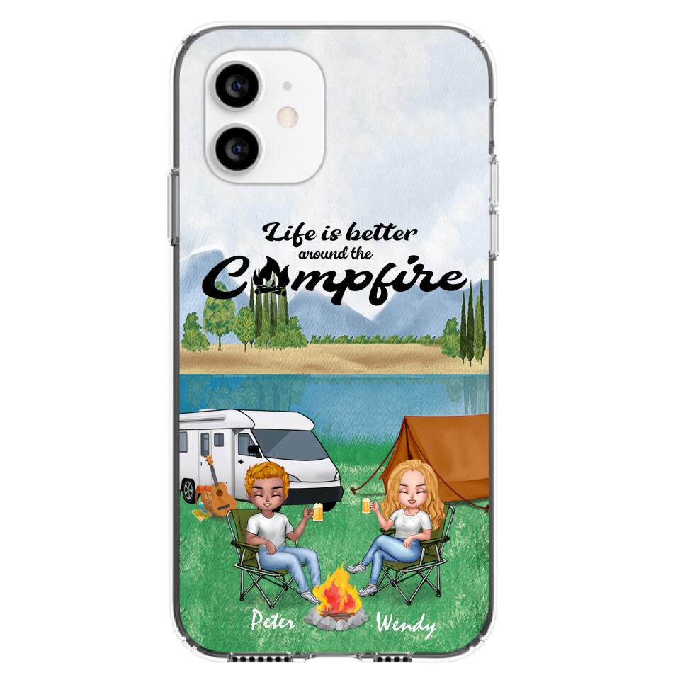 Personalized Camping Chibi Phone Case - Couple With Up to 2 Dogs - Gift Idea For Dog/Camping Lover - Life Is Better Around The Campfire - Case For iPhone And Samsung