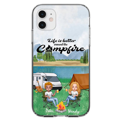 Personalized Camping Chibi Phone Case - Couple With Up to 2 Dogs - Gift Idea For Dog/Camping Lover - Life Is Better Around The Campfire - Case For iPhone And Samsung
