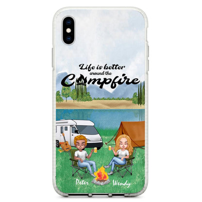 Personalized Camping Chibi Phone Case - Couple With Up to 2 Dogs - Gift Idea For Dog/Camping Lover - Life Is Better Around The Campfire - Case For iPhone And Samsung