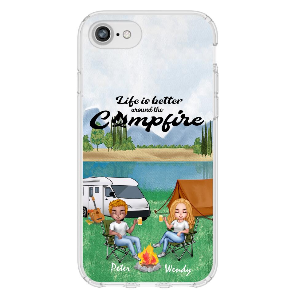 Personalized Camping Chibi Phone Case - Couple With Up to 2 Dogs - Gift Idea For Dog/Camping Lover - Life Is Better Around The Campfire - Case For iPhone And Samsung