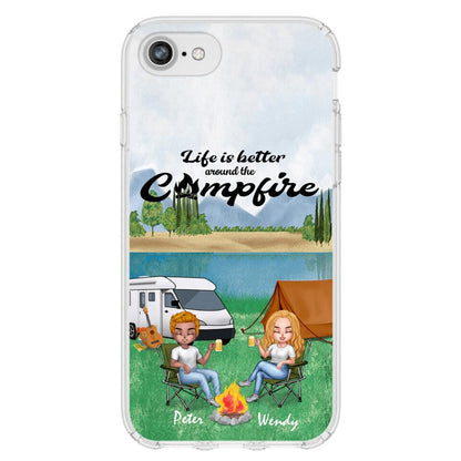 Personalized Camping Chibi Phone Case - Couple With Up to 2 Dogs - Gift Idea For Dog/Camping Lover - Life Is Better Around The Campfire - Case For iPhone And Samsung
