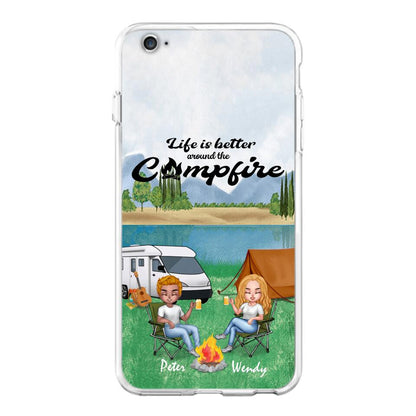 Personalized Camping Chibi Phone Case - Couple With Up to 2 Dogs - Gift Idea For Dog/Camping Lover - Life Is Better Around The Campfire - Case For iPhone And Samsung