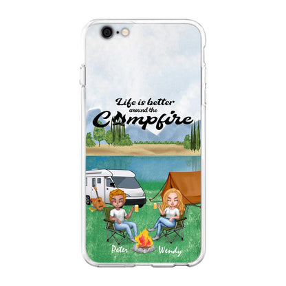 Personalized Camping Chibi Phone Case - Couple With Up to 2 Dogs - Gift Idea For Dog/Camping Lover - Life Is Better Around The Campfire - Case For iPhone And Samsung