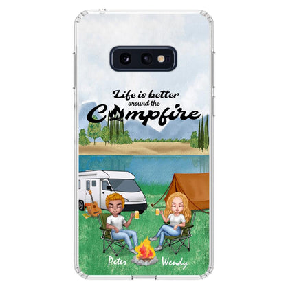 Personalized Camping Chibi Phone Case - Couple With Up to 2 Dogs - Gift Idea For Dog/Camping Lover - Life Is Better Around The Campfire - Case For iPhone And Samsung