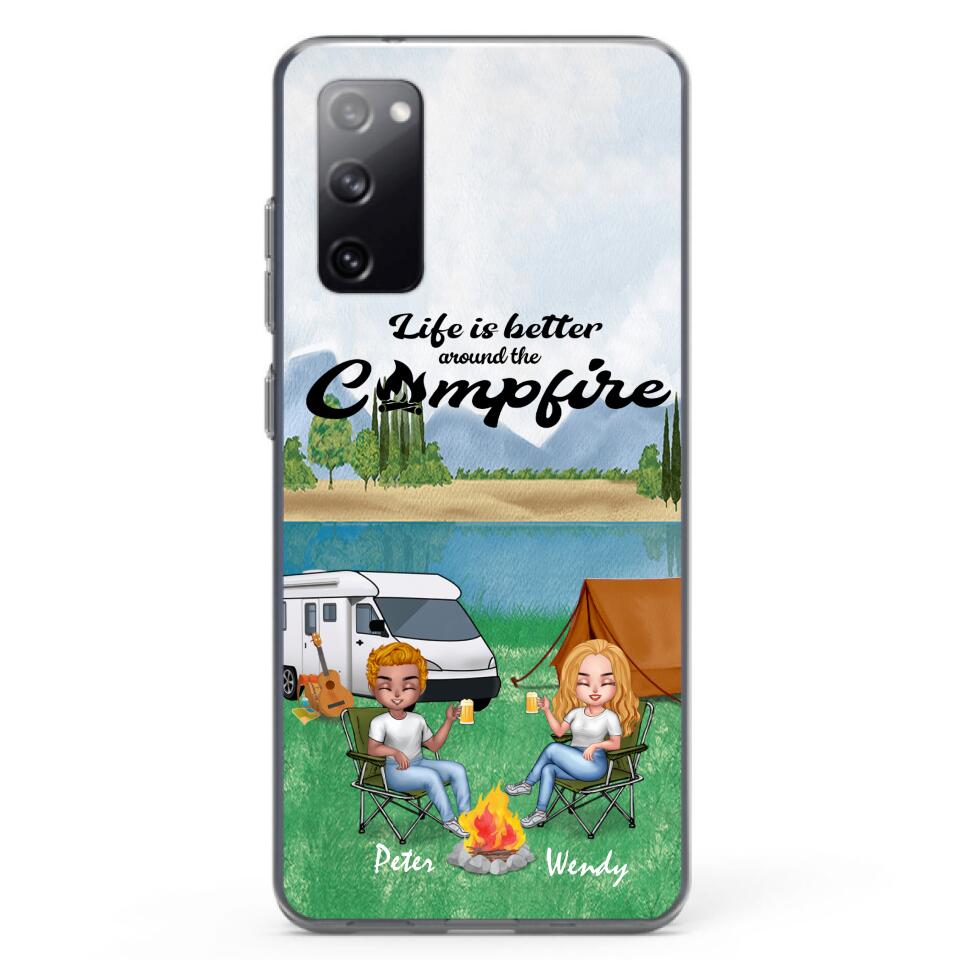 Personalized Camping Chibi Phone Case - Couple With Up to 2 Dogs - Gift Idea For Dog/Camping Lover - Life Is Better Around The Campfire - Case For iPhone And Samsung