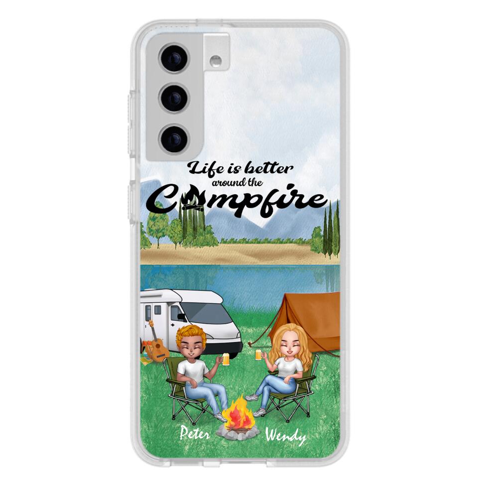 Personalized Camping Chibi Phone Case - Couple With Up to 2 Dogs - Gift Idea For Dog/Camping Lover - Life Is Better Around The Campfire - Case For iPhone And Samsung