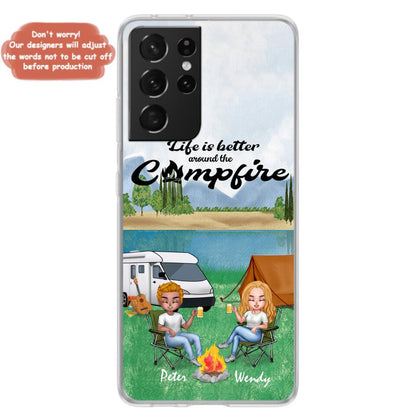 Personalized Camping Chibi Phone Case - Couple With Up to 2 Dogs - Gift Idea For Dog/Camping Lover - Life Is Better Around The Campfire - Case For iPhone And Samsung