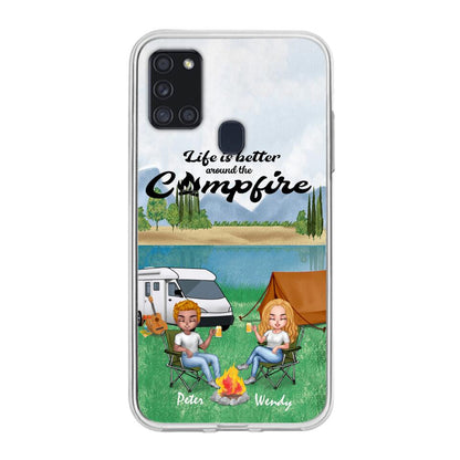 Personalized Camping Chibi Phone Case - Couple With Up to 2 Dogs - Gift Idea For Dog/Camping Lover - Life Is Better Around The Campfire - Case For iPhone And Samsung