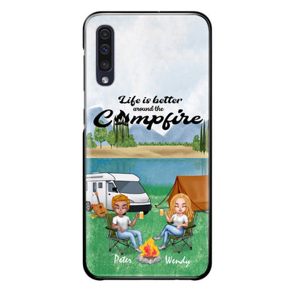 Personalized Camping Chibi Phone Case - Couple With Up to 2 Dogs - Gift Idea For Dog/Camping Lover - Life Is Better Around The Campfire - Case For iPhone And Samsung