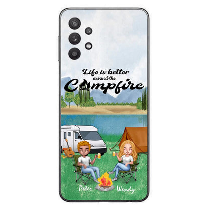 Personalized Camping Chibi Phone Case - Couple With Up to 2 Dogs - Gift Idea For Dog/Camping Lover - Life Is Better Around The Campfire - Case For iPhone And Samsung