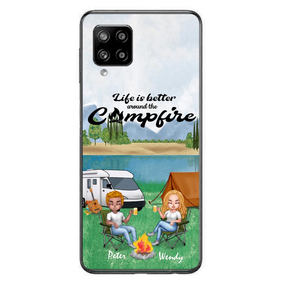 Personalized Camping Chibi Phone Case - Couple With Up to 2 Dogs - Gift Idea For Dog/Camping Lover - Life Is Better Around The Campfire - Case For iPhone And Samsung