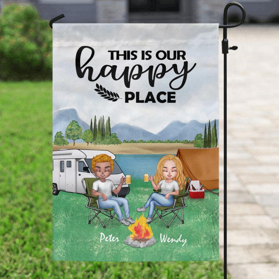 Personalized Camping Chibi Flag Sign - Couple With Up to 3 Dogs -  Gift Idea For Dog/Camping Lover/Couple - This is Our Happy Place