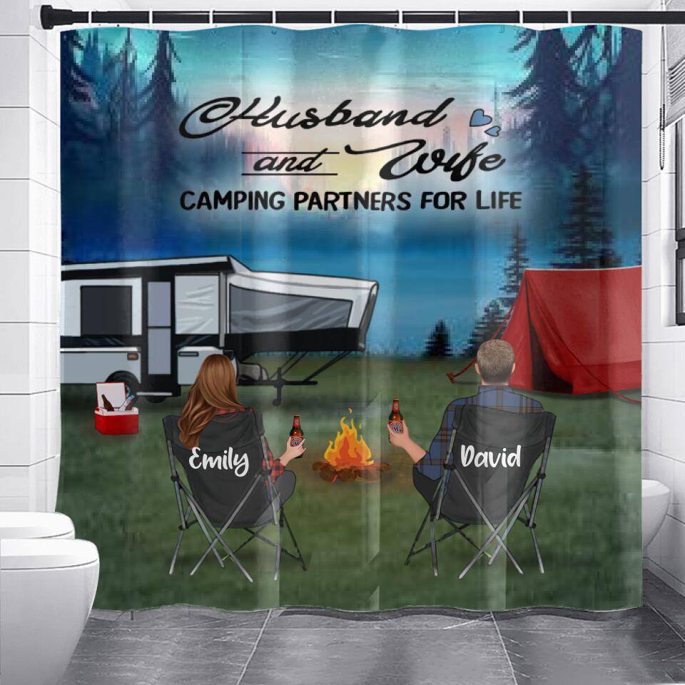 Personalized Camping Shower Curtain - Gift Idea For Camping Lover - Couple/Parents With Up to 3 Kids And 4 Pets - Husband And Wife Camping Partners For Life