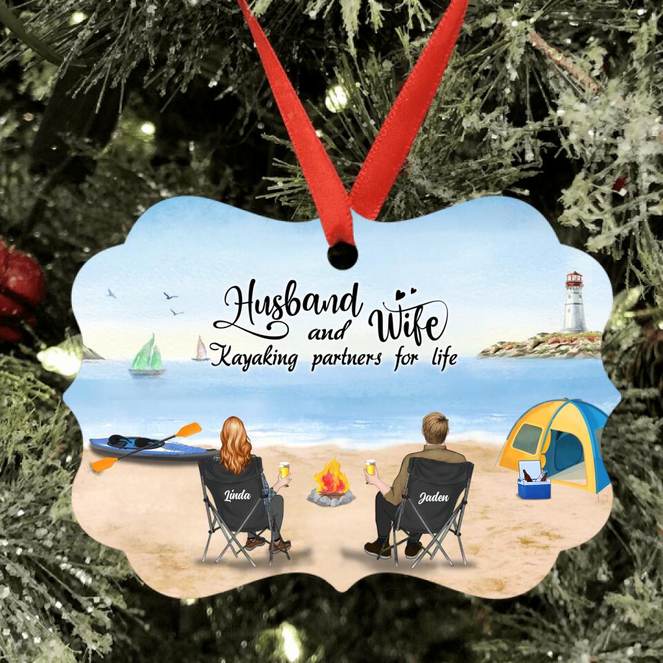 Personalized Kayak Camping Ornament - Couple With Up to 3 Dogs - This Is Our Happy Place