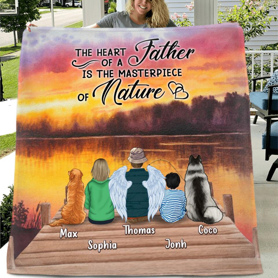 Personalized Father Fishing Pillow Cover/Fleece Blanket/Quilt - Father With Up to 2 Kids And 2 Pets - Gift Idea For Father/Fishing Lover - The Heart Of A Father Is The Masterpiece Of Nature
