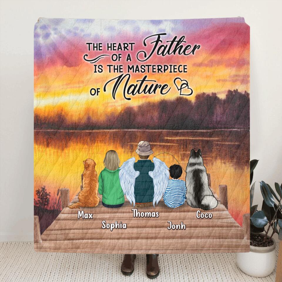 Personalized Father Fishing Pillow Cover/Fleece Blanket/Quilt - Father With Up to 2 Kids And 2 Pets - Gift Idea For Father/Fishing Lover - The Heart Of A Father Is The Masterpiece Of Nature