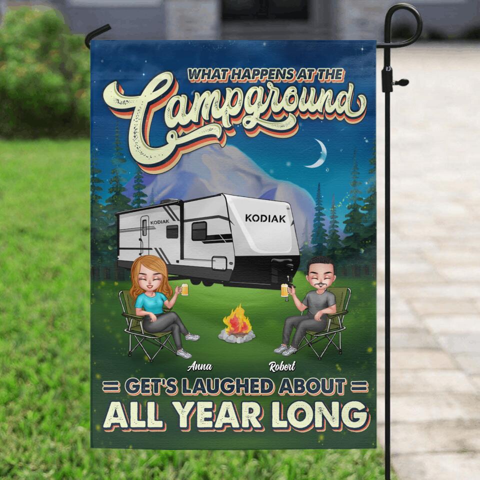 Personalized Camping Flag Sign - Gift For Camping Lovers up to 4 People - What Happens At The Campground Get's Laughed About All Year Long