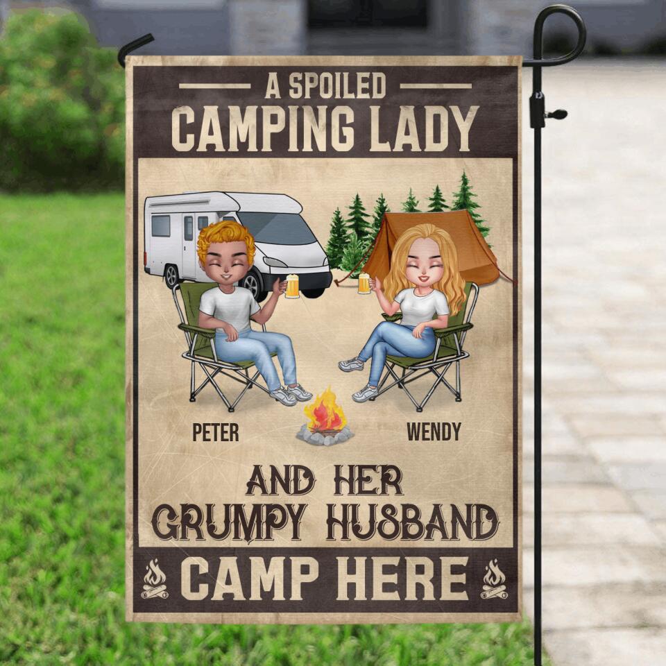 Personalized Camping Couple Flag - Best Gift For Camping Lover/Couple - A Spoiled Camping Lady And Her Grumpy Husband Camp Here