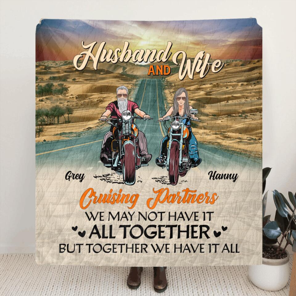 Personalized Biker Couple Fleece Throw Blanket/Quilt - Gift Idea From Old Biker To Wife - Husband & Wife Cruising Partners
