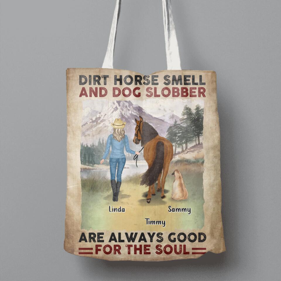 Personalized Horse And Dog Canvas Bag - Up to 2 Horses And 4 Dogs - Gift Idea For Horse/Dog Lover - Dirt Horse Smell And Dog Slobber Are Always Good For The Soul