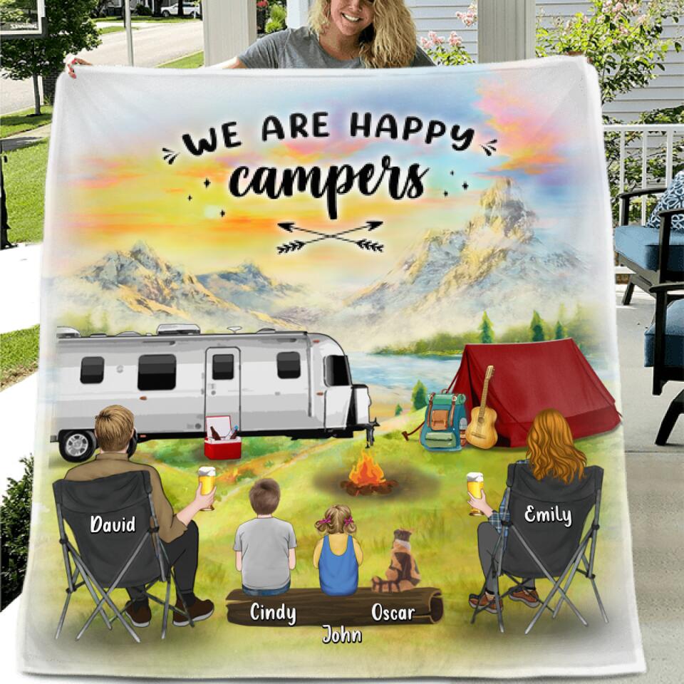 Personalized Family Camping Fleece Throw Blanket/Quilt - Gift Idea For Mother's day/Father's Day - Up To 2 Kids - We Are Happy Campers