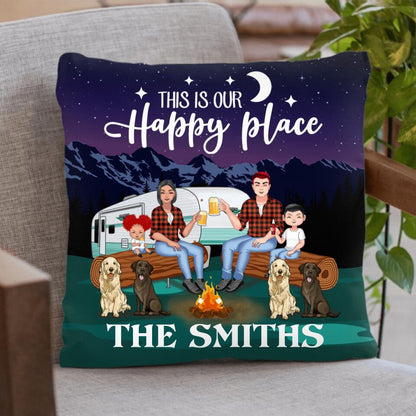 Personalized Camping Under The Stars Pillow Cover/Fleece Throw Blanket/Quilt - Gift Idea For Family/Camping Lover - Couple/Parents With Up to 2 Kids And 4 Dogs - This Is Our Happy Place
