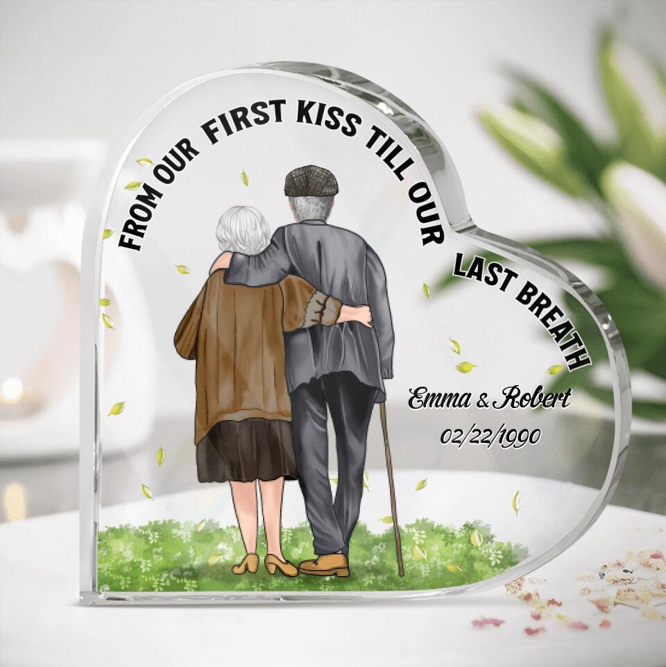 Personalized Heart Acrylic Plaque - Gift for Couples, Husband and wife - Old Couple Hugging - From Our First Kiss Till Our Last Breath