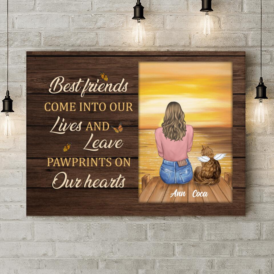 Personalized Pet Memorial Canvas - Adult/Couple With Up to 4 Pets - Memorial Gift Idea For Dog/Cat Lover - Best Friends Come Into Our Lives And Leave Pawprints On Our Hearts