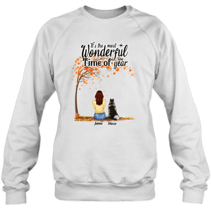 Personalized Horse Dog Mom In Autumn T-Shirt - Up to 3 Horses/Dogs  - It's The Most Wonderful Time Of The Year