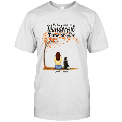 Personalized Horse Dog Mom In Autumn T-Shirt - Up to 3 Horses/Dogs  - It's The Most Wonderful Time Of The Year