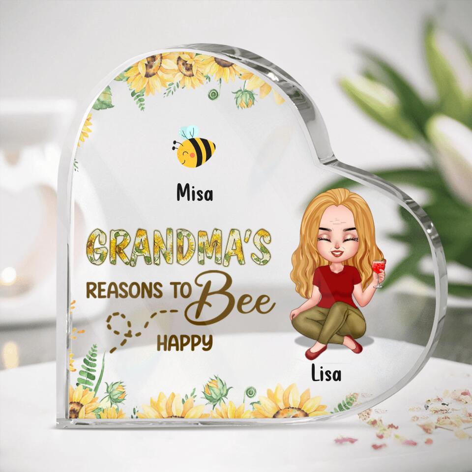 Personalized Grandma Heart-Shaped Acrylic Plaque - Up to 6 Kids - Mother's Day Gift For Grandma - Grandma's Reasons To Bee Happy